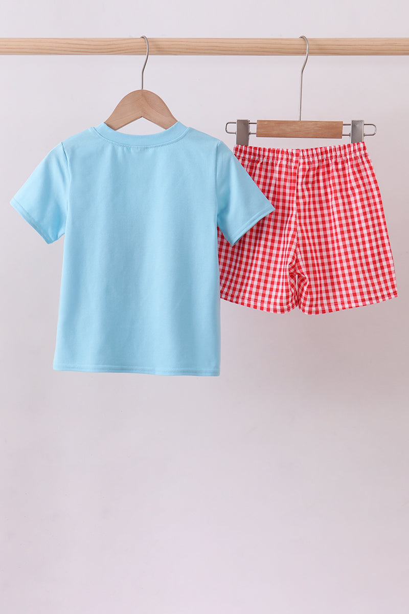 Blue strawberry applique gingham shorts set - Aaria Tees Aaria Tees