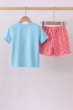 Blue strawberry applique gingham shorts set - Aaria Tees Aaria Tees