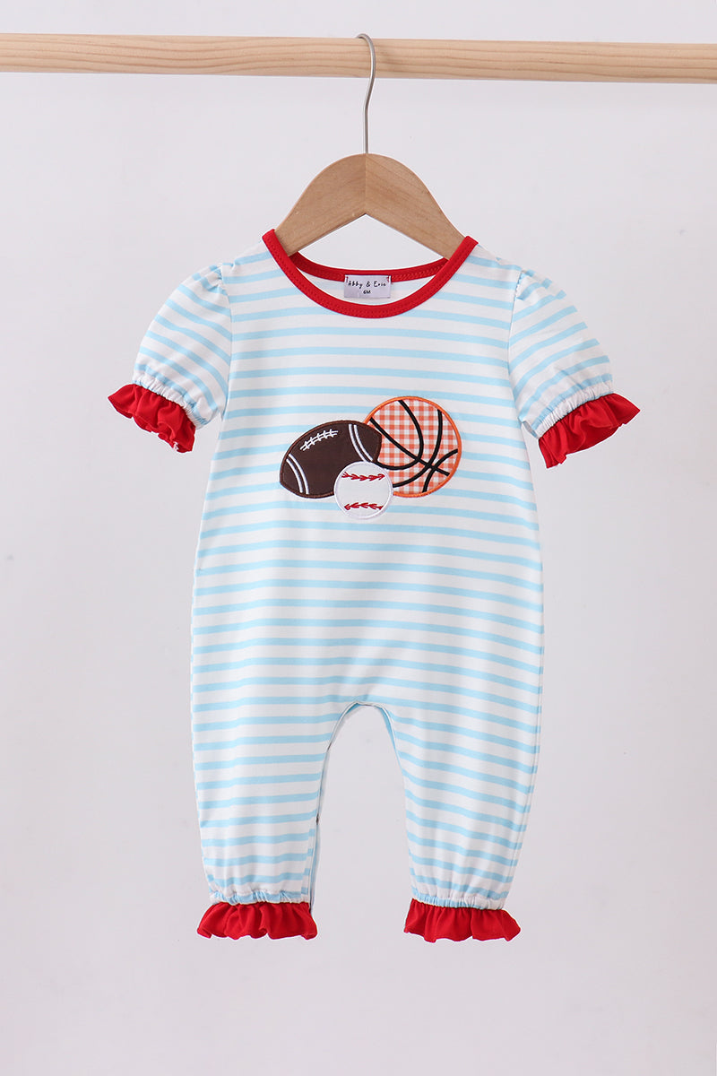 Blue stripe sports trio applique romper - Aaria Tees