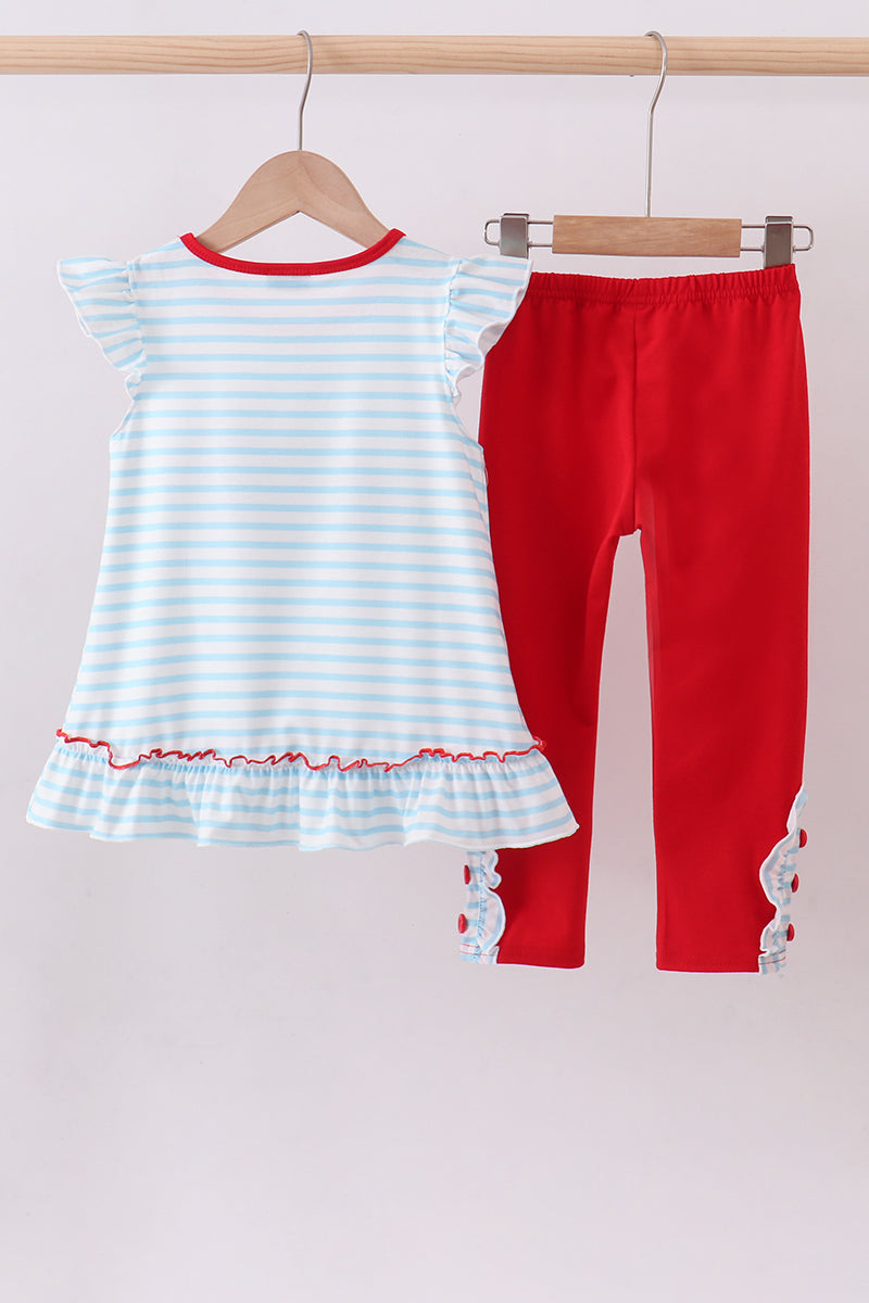 Blue stripe sports Trio applique ruffle pants set - Aaria Tees Aaria Tees