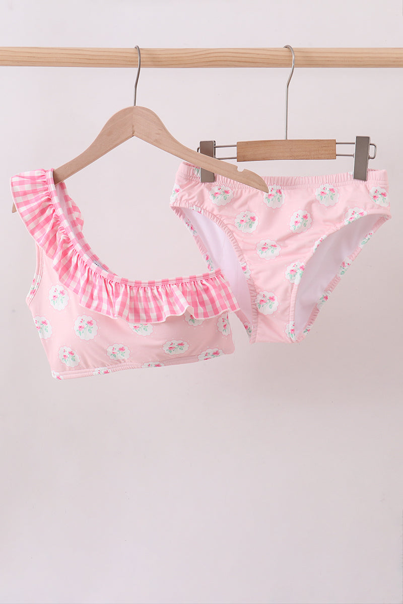 Pink rose ruffle 2pc women swimsuit - Aaria Tees