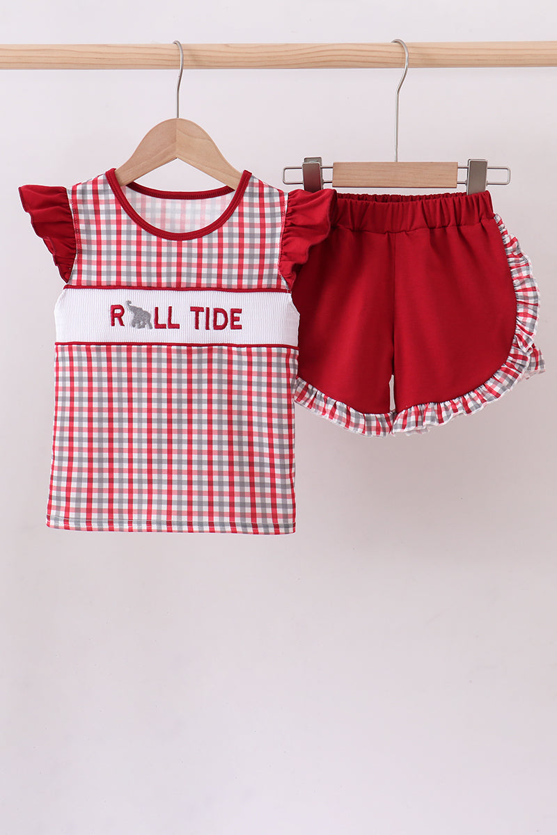 Alabama roll tide smocked ruffle plaid shorts set - Aaria Tees