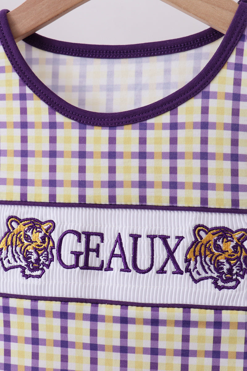 Purple LSU GEAUX smocked ruffle shorts set - Aaria Tees Aaria Tees