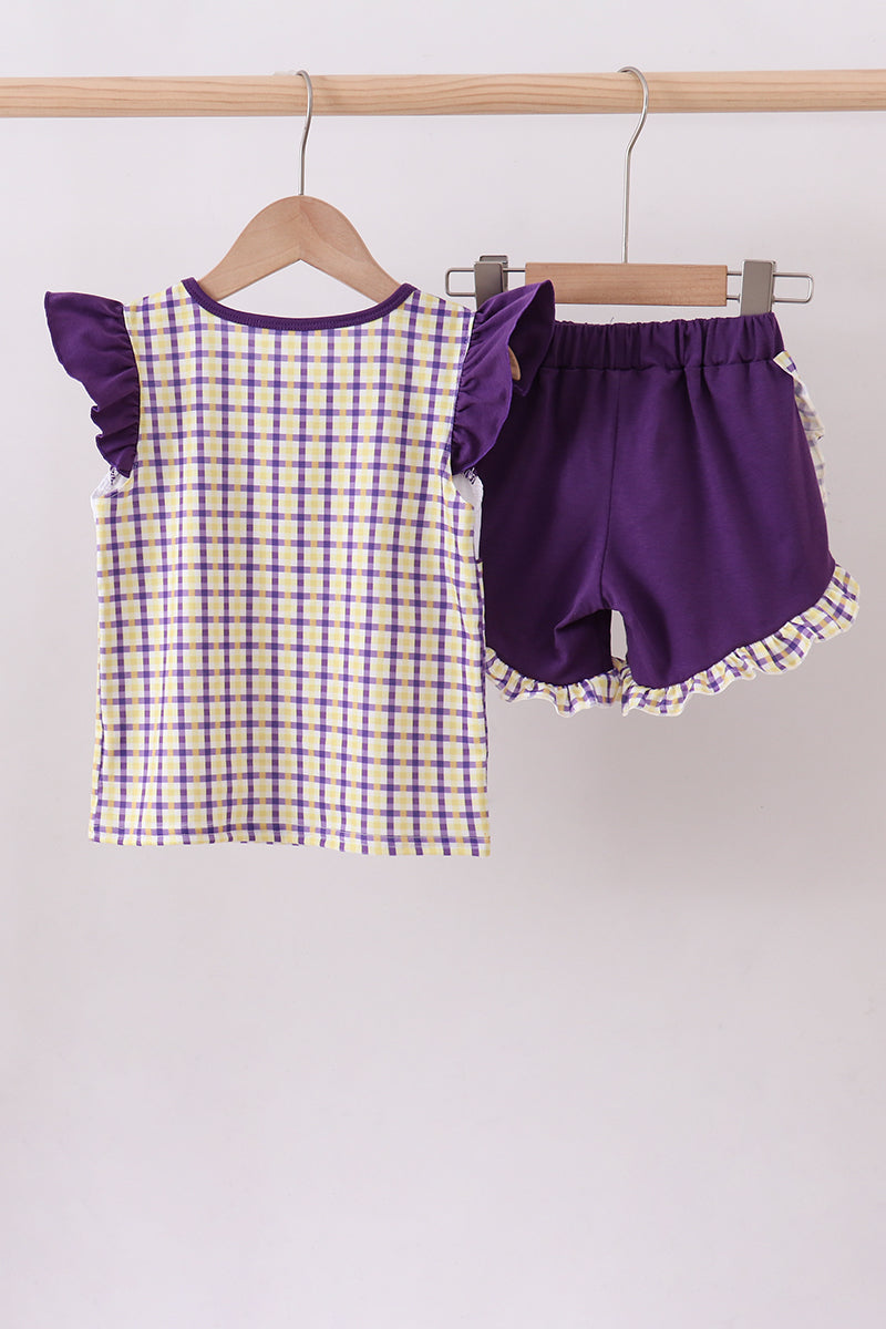 Purple LSU GEAUX smocked ruffle shorts set - Aaria Tees Aaria Tees