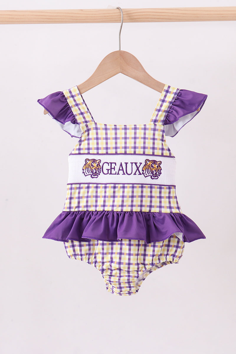 Purple LSU GEAUX smocked swimsuit - Aaria Tees
