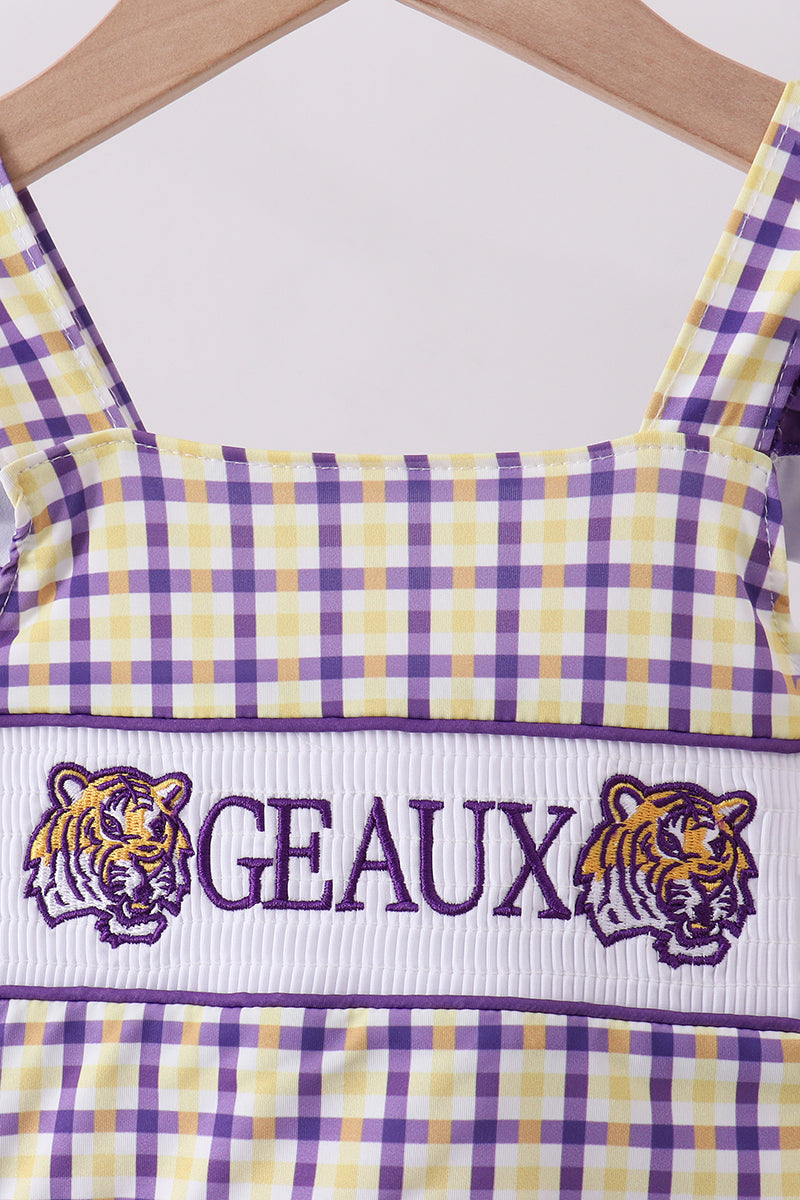 Purple LSU GEAUX smocked swimsuit - Aaria Tees Aaria Tees