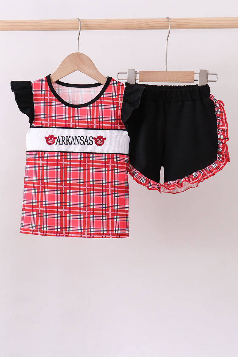 Arkansas smocked plaid ruffle shorts set - Aaria Tees Aaria Tees