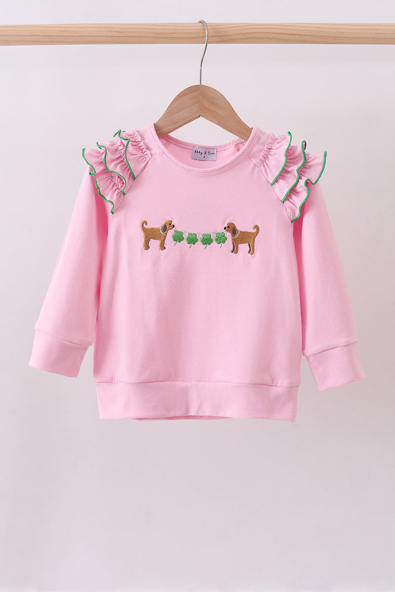 Pink puppy clover embroidery ruffle top - Aaria Tees Aaria Tees