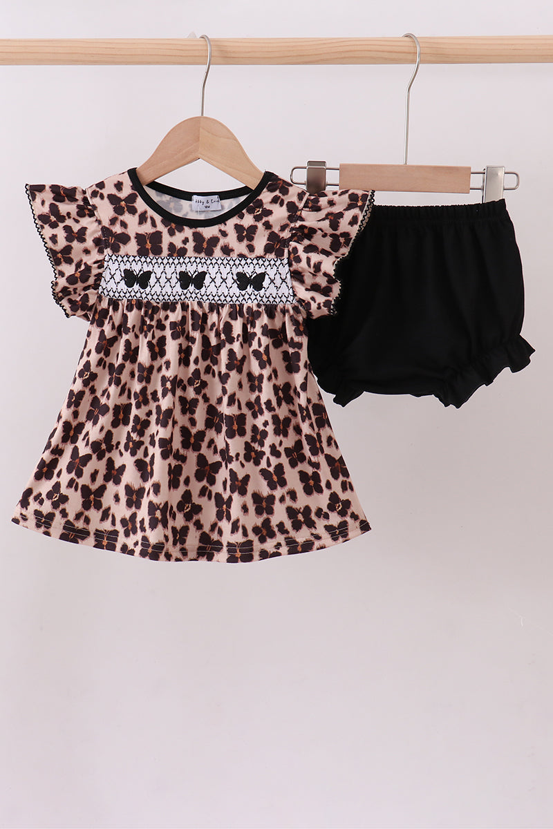 Leopard butterfly smocked ruffle bloomer set - Aaria Tees