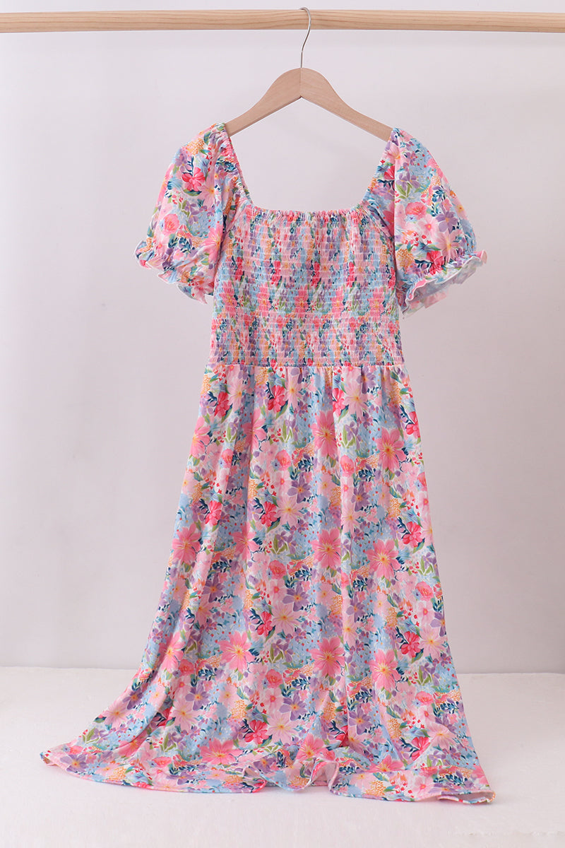 Purple floral smocked women dress - Aaria Tees