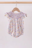 Purple Floral Smocked Ruffle Bubble Aaria Tees