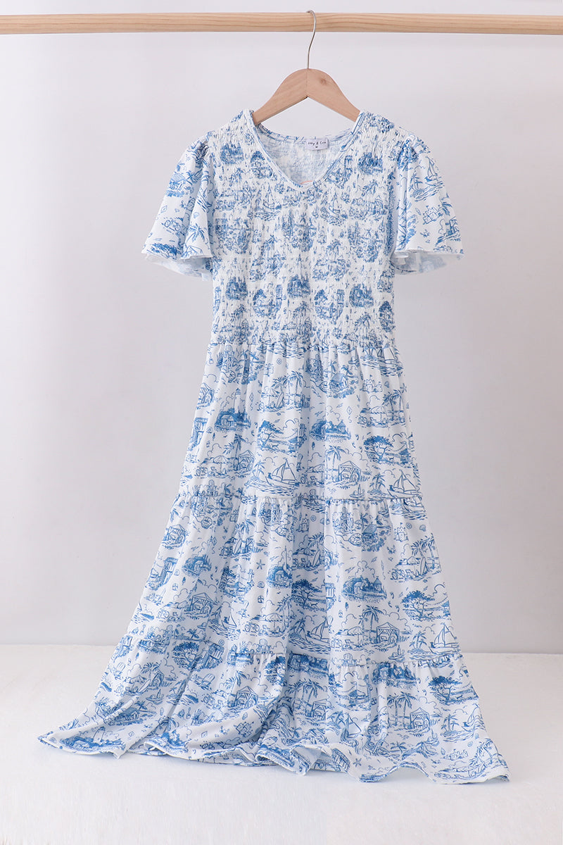 Blue beach sea smocked women dress - Aaria Tees Aaria Tees