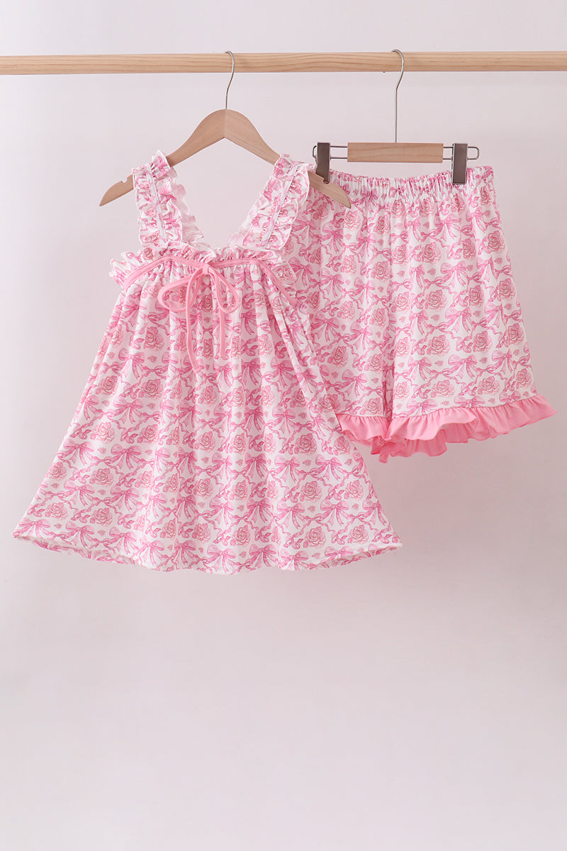 Pink floral print bow ruffle shorts set - Aaria Tees Aaria Tees
