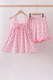 Pink floral print bow ruffle shorts set - Aaria Tees Aaria Tees