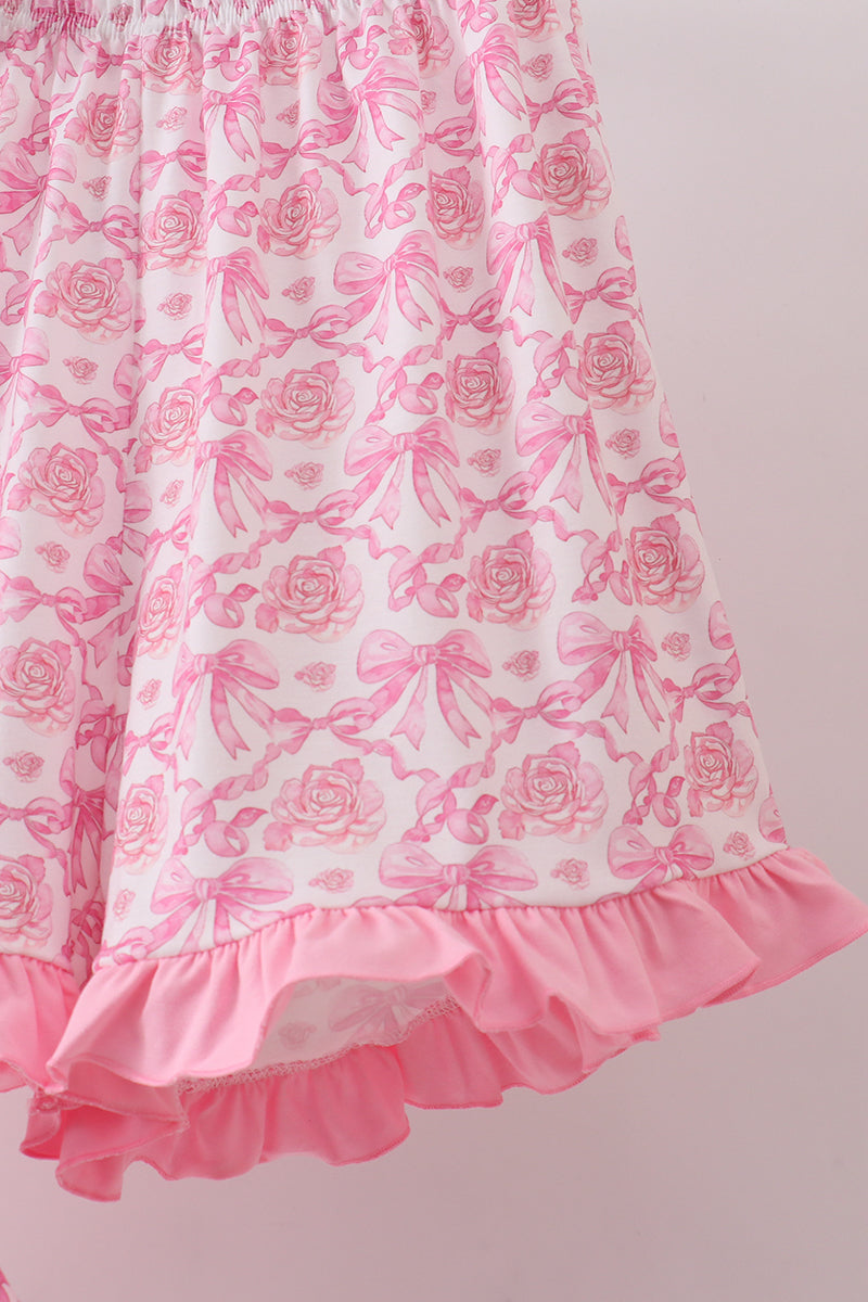Pink floral print bow ruffle shorts set - Aaria Tees Aaria Tees