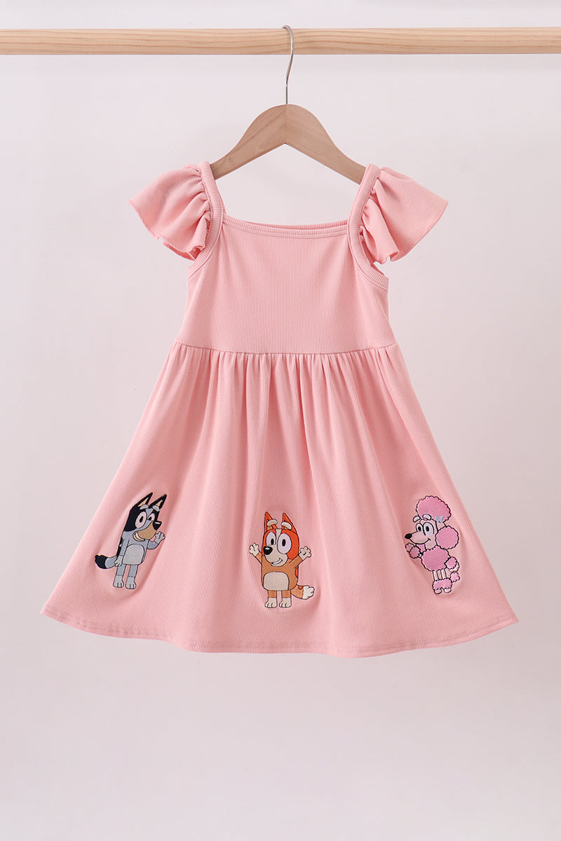 Pink character embroidery flutter sleeve dress - Aaria Tees