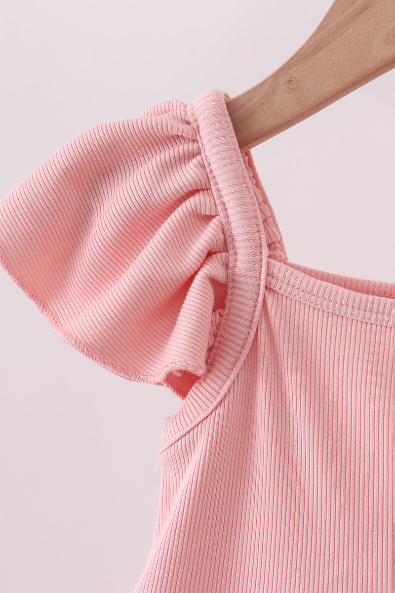 Pink character embroidery flutter sleeve dress - Aaria Tees Aaria Tees