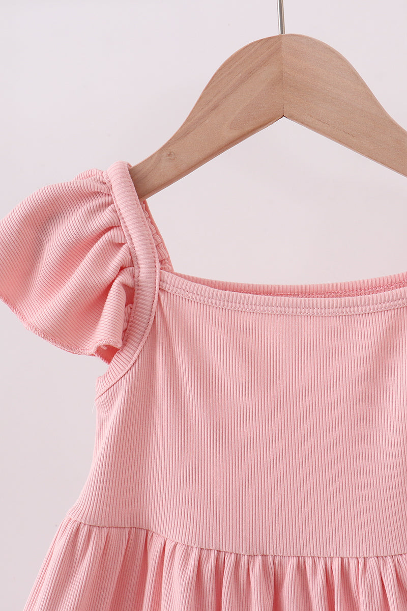 Pink character embroidery flutter sleeve dress - Aaria Tees Aaria Tees