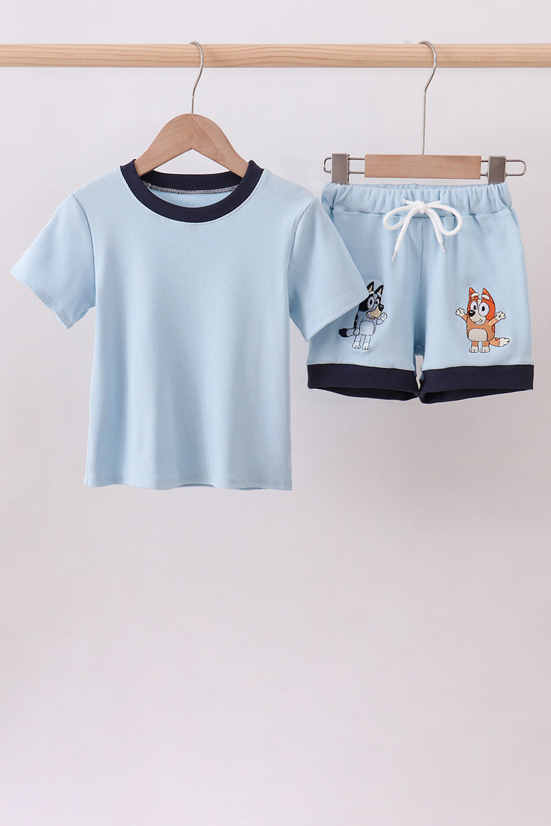 Blue character embroidery stripe shorts set - Aaria Tees