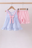 Blue Crab Embroidered Seersucker Ruffle Shorts Set Aaria Tees
