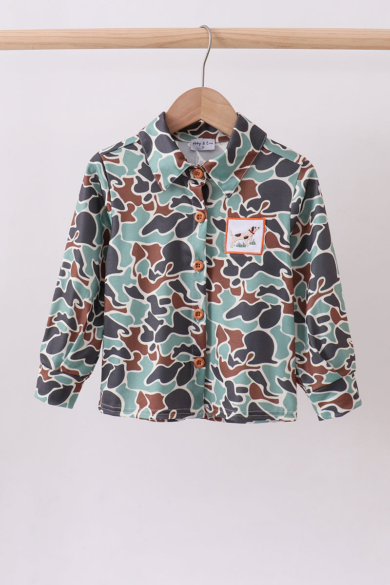 Camouflage puppy hunting embroidery button shirt - Aaria Tees Aaria Tees