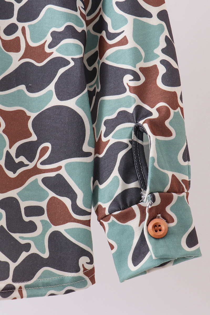 Camouflage puppy hunting embroidery button shirt - Aaria Tees Aaria Tees