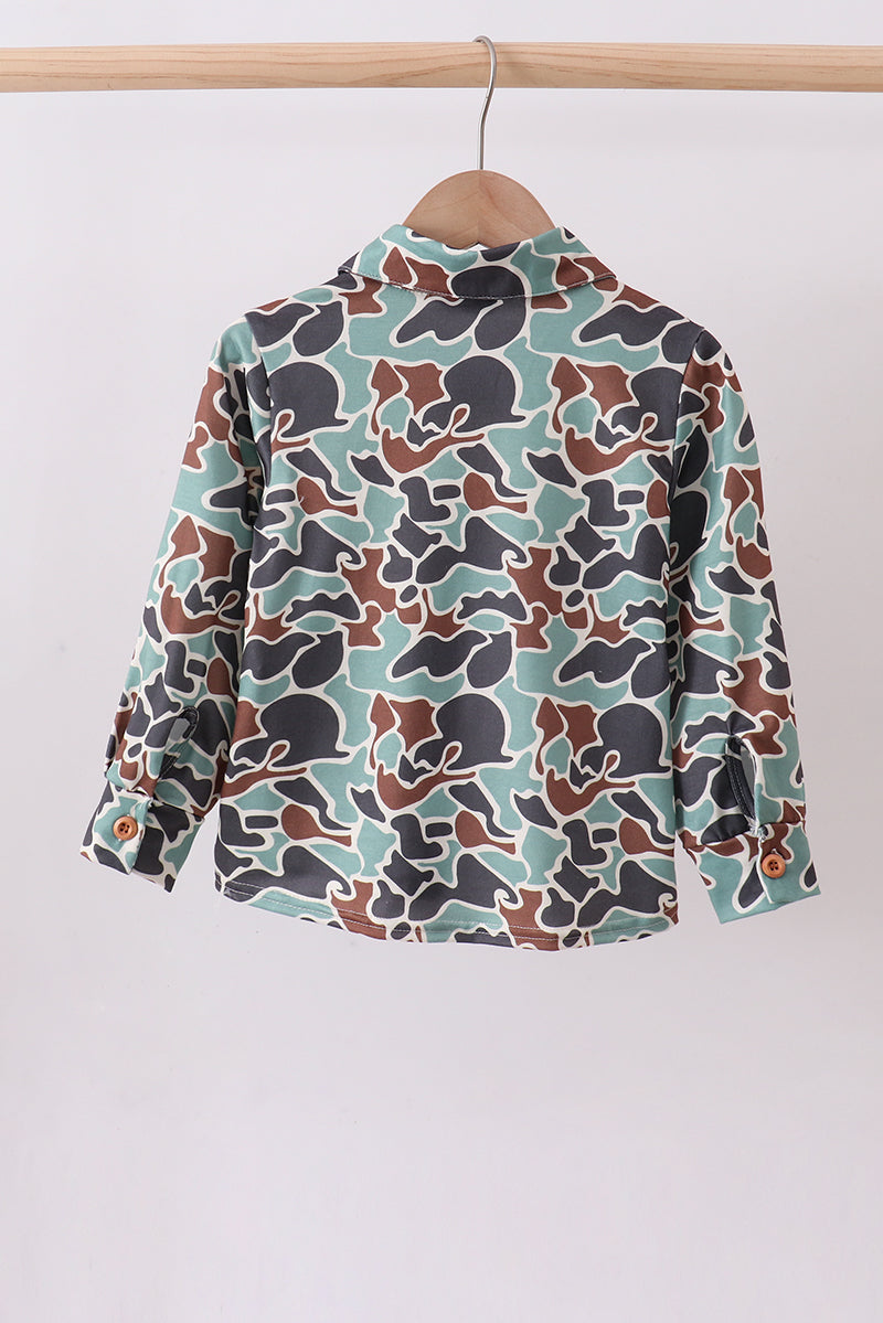 Camouflage puppy hunting embroidery button shirt - Aaria Tees Aaria Tees