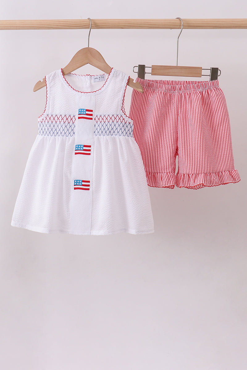 Pink flag smocked ruffle shorts set - Aaria Tees Aaria Tees