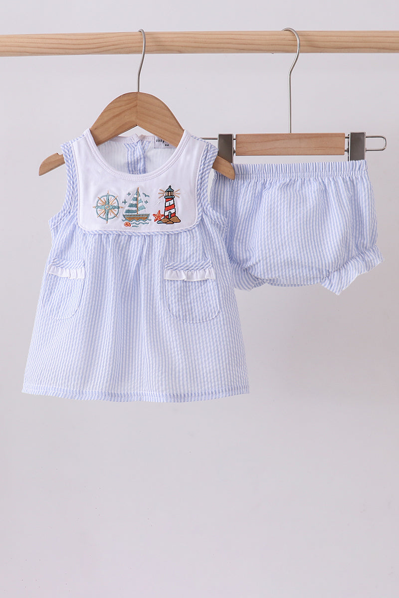 Blue sailboat seersucker bloomer set - Aaria Tees