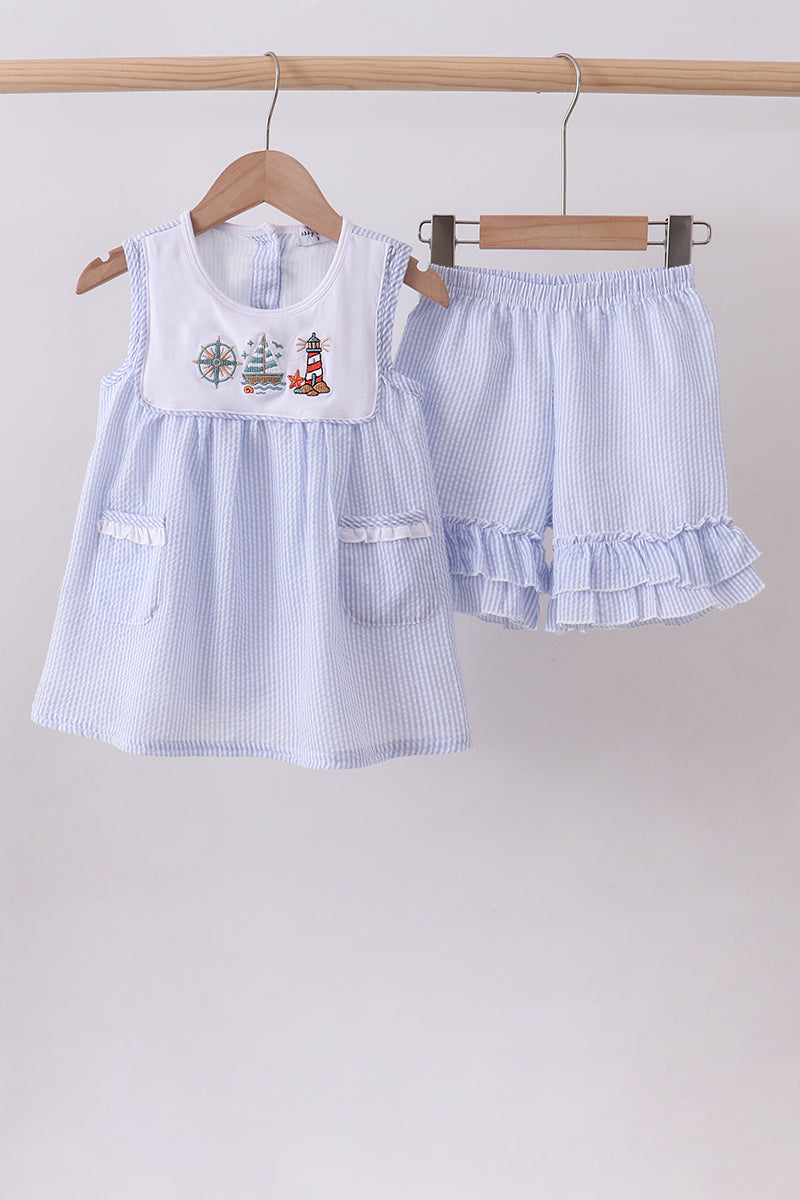 Blue sailboat embroidery ruffle shrots set - Aaria Tees