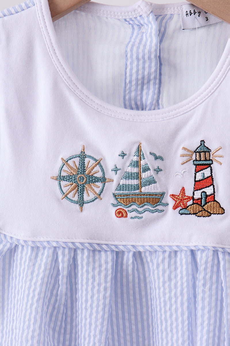Blue sailboat embroidery ruffle shrots set - Aaria Tees Aaria Tees