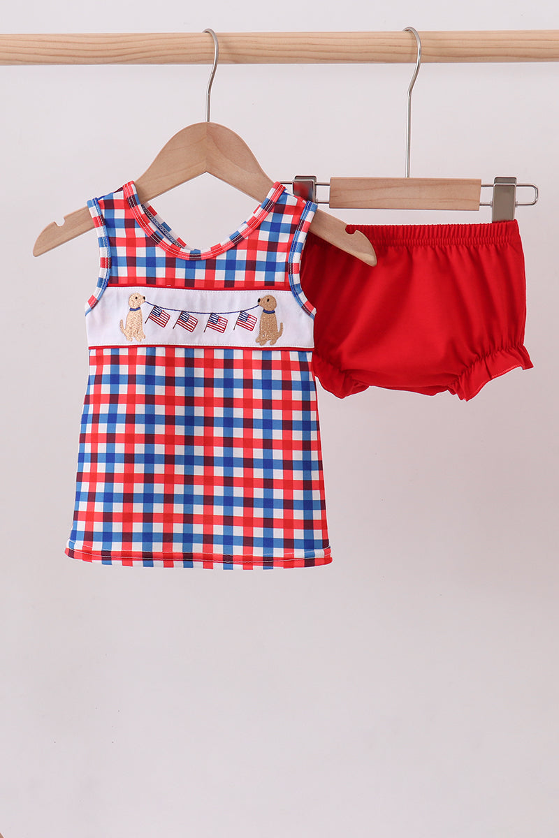 Red puppy embroidery gingham bloomer set - Aaria Tees