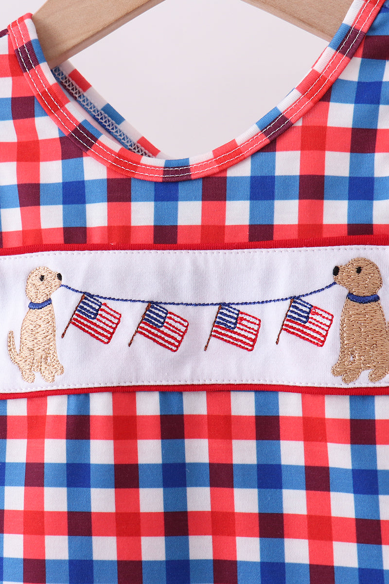 Red puppy embroidery gingham bloomer set - Aaria Tees Aaria Tees