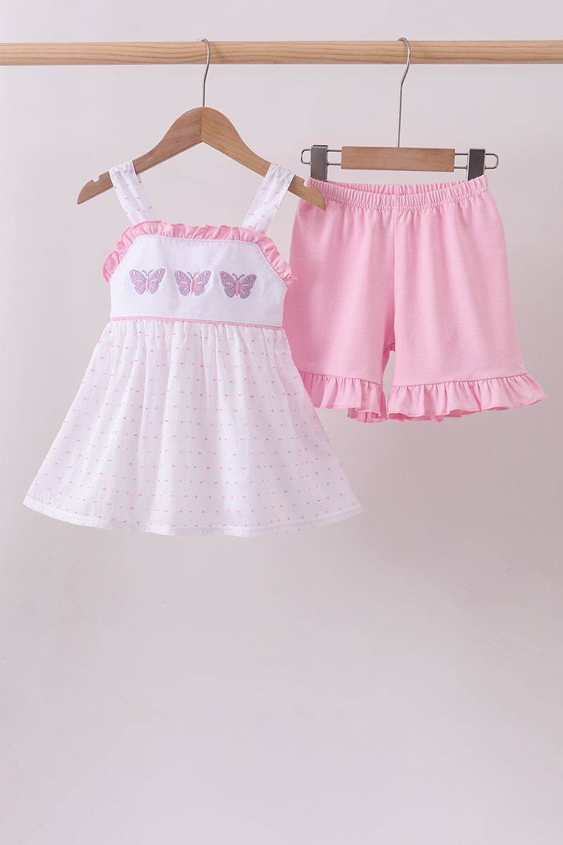 Purple butterfly embroidery swiss dot ruffle shorts set - Aaria Tees Aaria Tees