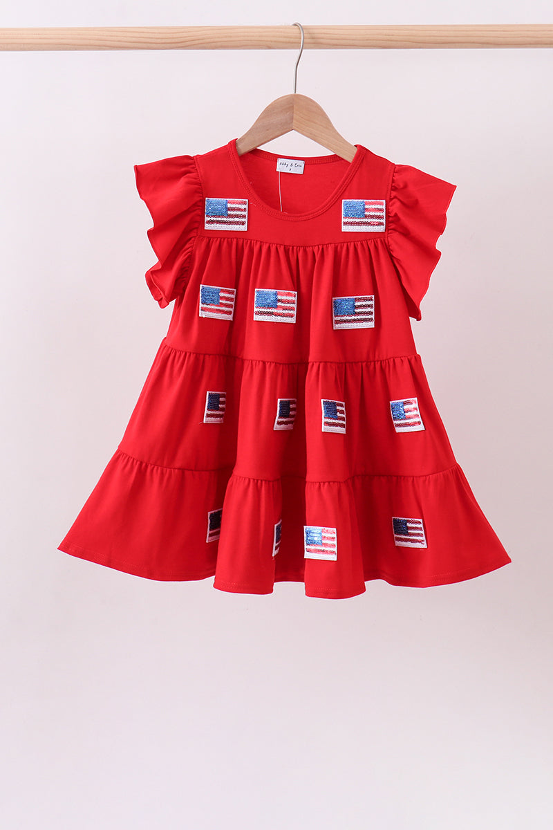 Red flag sequin tiered ruffle dress - Aaria Tees
