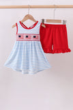 Red flag smocked stripe ruffle shorts set Aaria Tees