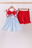 Red flag smocked stripe ruffle shorts set Aaria Tees