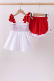 White smocked jacquard ruffle shorts set Aaria Tees