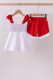 White smocked jacquard ruffle shorts set Aaria Tees