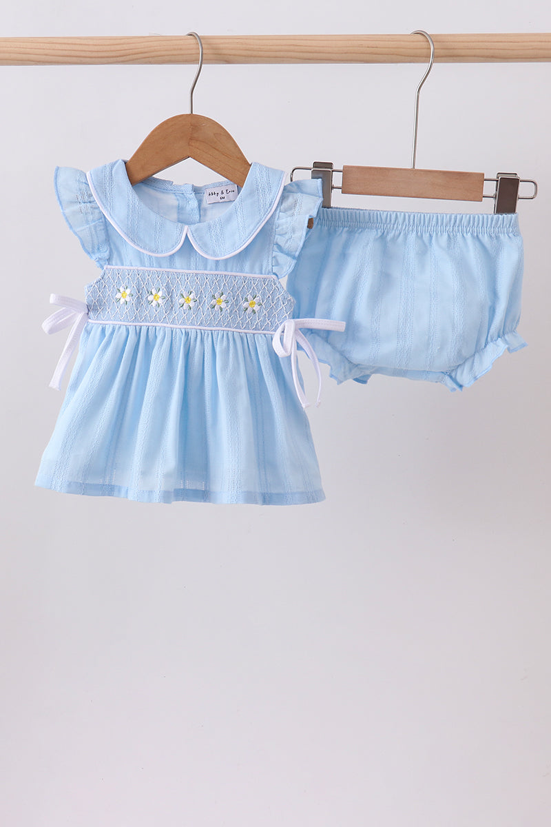 Blue floral smocked jacquard ruffle bloomer set - Aaria Tees Aaria Tees