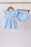 Blue floral smocked jacquard ruffle bloomer set - Aaria Tees Aaria Tees