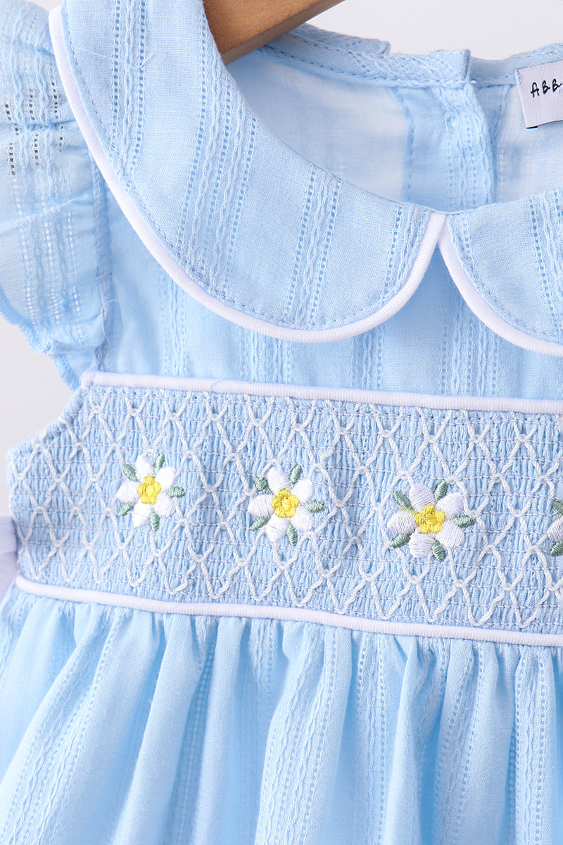 Blue floral smocked jacquard ruffle bloomer set - Aaria Tees Aaria Tees