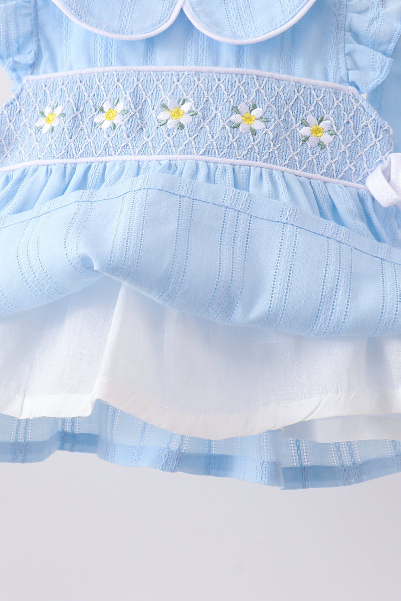 Blue floral smocked jacquard ruffle bloomer set - Aaria Tees Aaria Tees