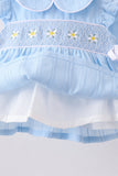 Blue floral smocked jacquard ruffle bloomer set - Aaria Tees Aaria Tees