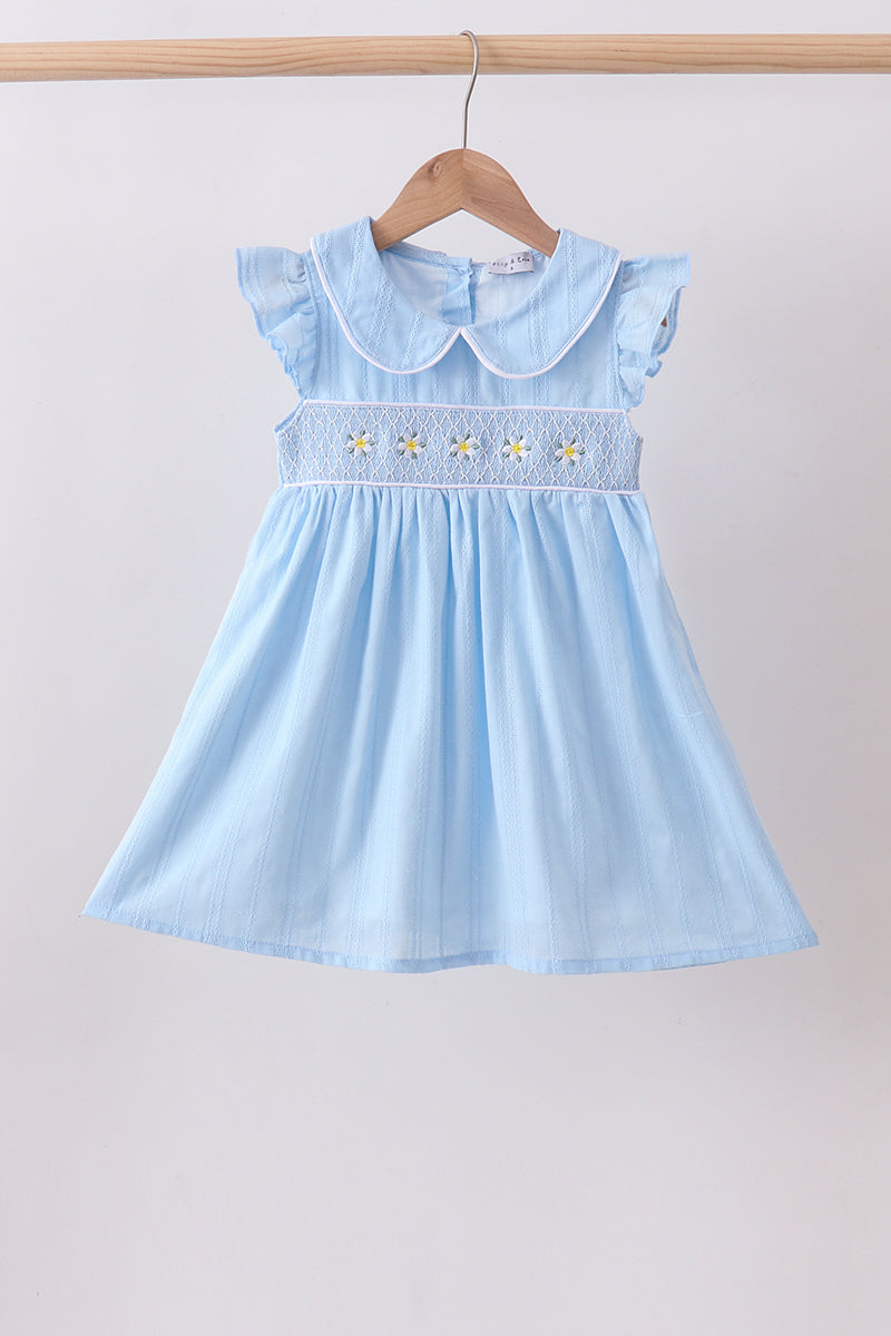 Blue floral smocked jacquard ruffle dress - Aaria Tees Aaria Tees