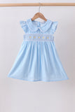 Blue floral smocked jacquard ruffle dress - Aaria Tees Aaria Tees
