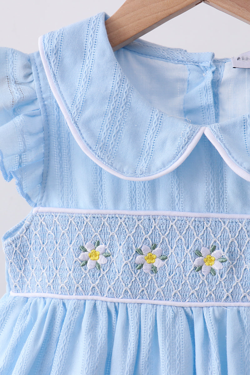 Blue floral smocked jacquard ruffle dress - Aaria Tees Aaria Tees