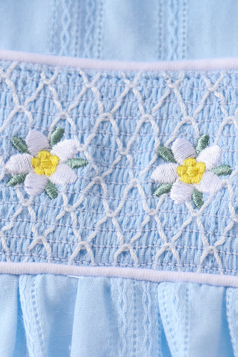 Blue floral smocked jacquard ruffle dress - Aaria Tees Aaria Tees