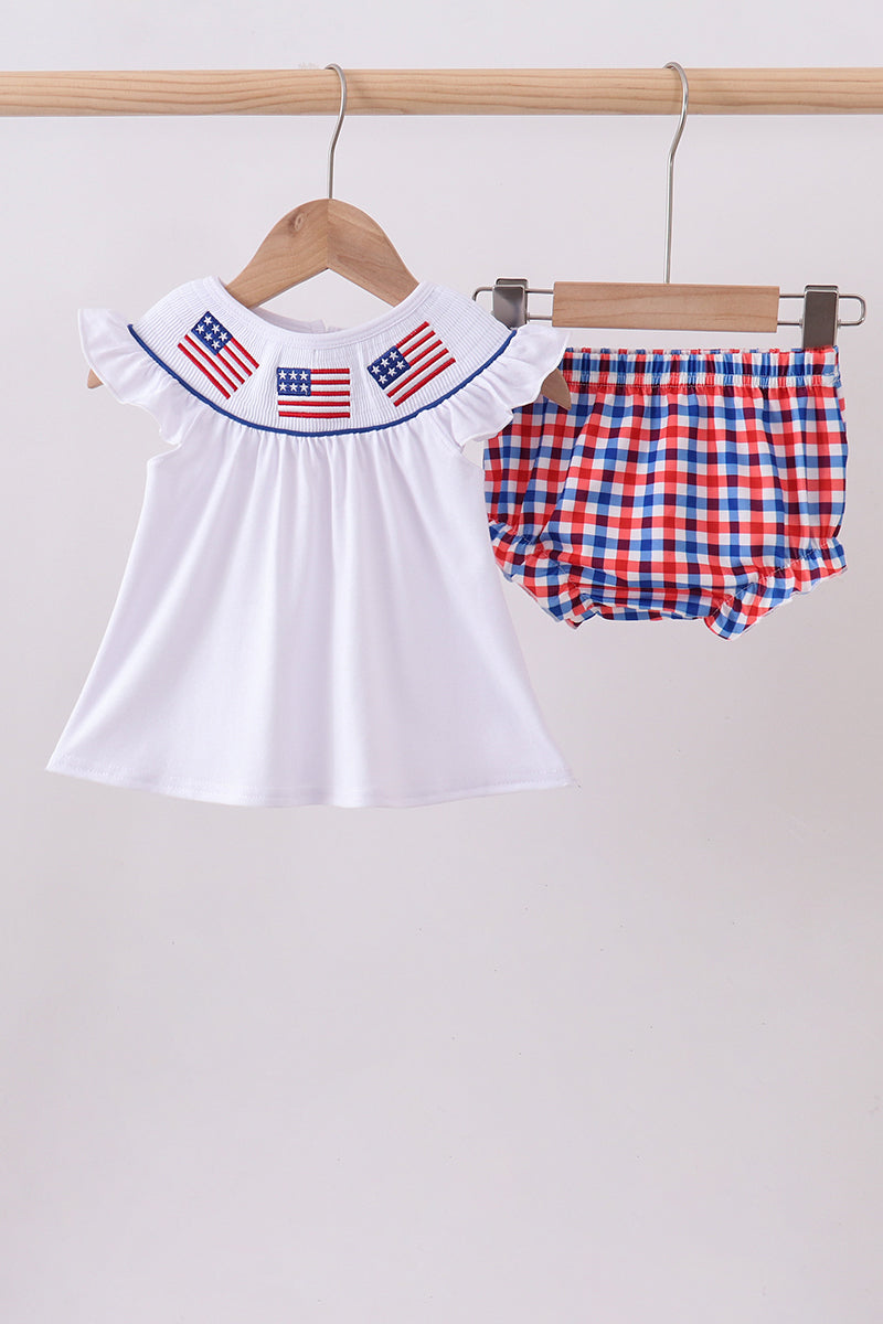 White flag smocked ruffle gingham bloomer set - Aaria Tees Aaria Tees