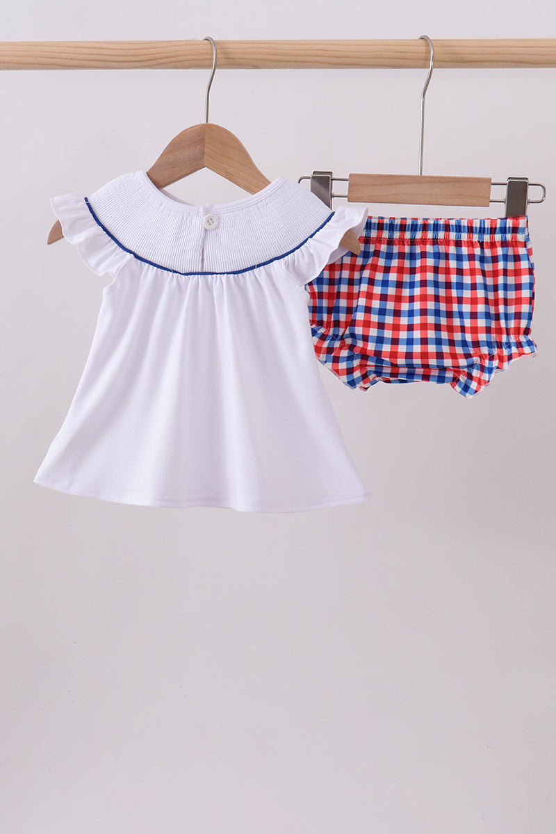White flag smocked ruffle gingham bloomer set - Aaria Tees Aaria Tees